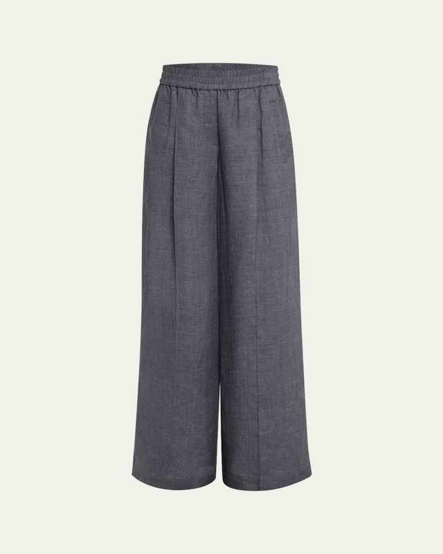 Pleated Wide-Leg Linen Pull-On Trackpants